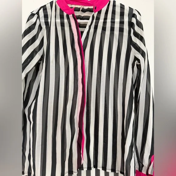 Striped Black and White Blouse with Pink Accents - Picture 5 of 8